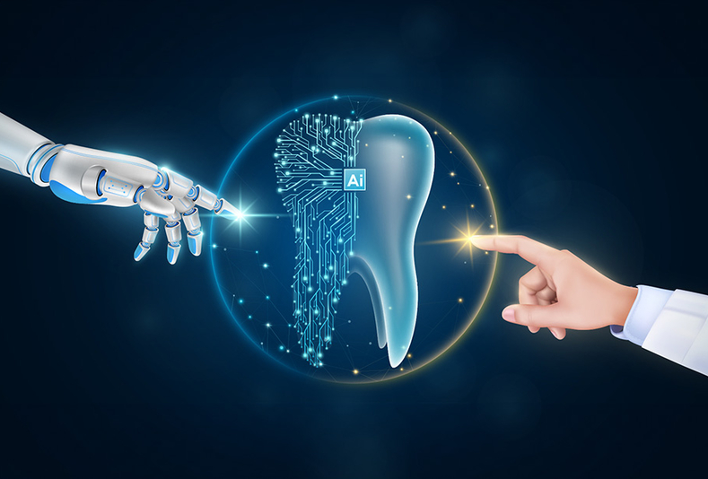 Mano umana e mano robotica che si avvicinano ad un dente digitale