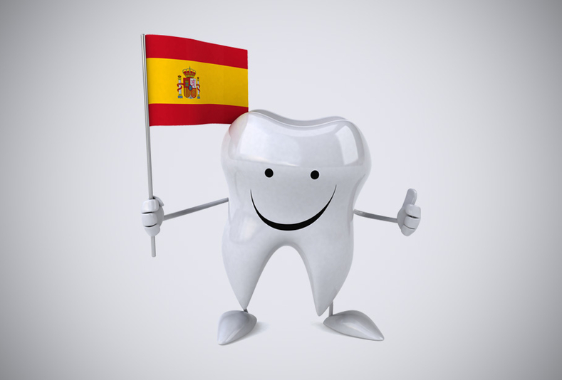 illustrazione di un dente che tiene in mano la bandiera spagnola