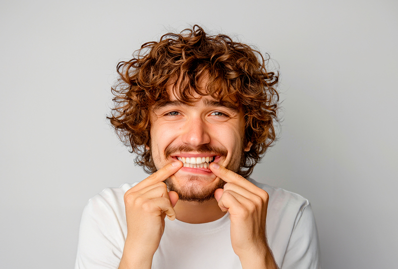 Ragazzo con bocca aperta indica i denti 