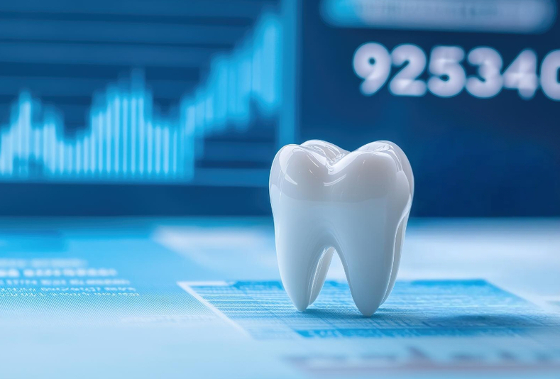 modellino di dente in primo piano su sfondo con reportistica e analisi