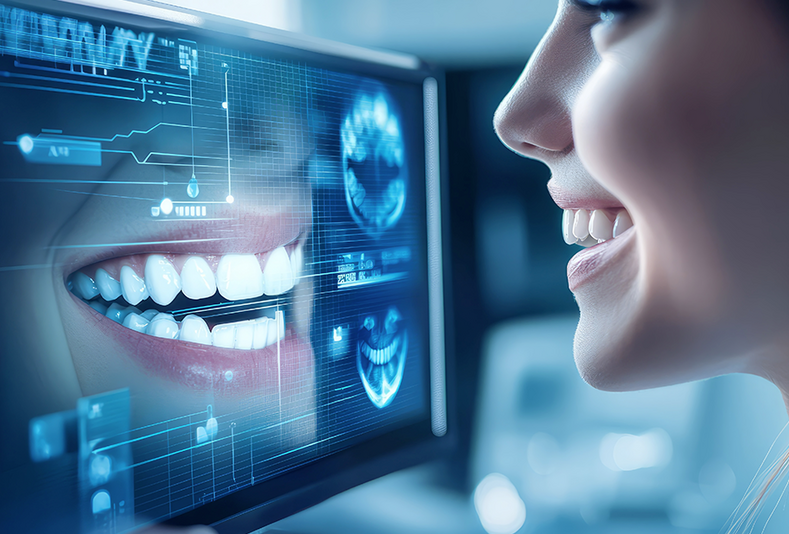 Primo piano del sorriso di una donna riflesso in uno schermo 