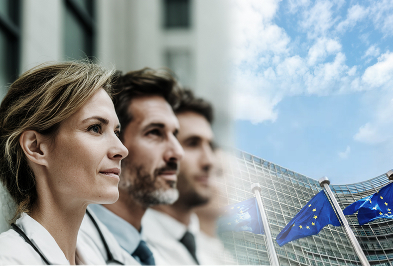 Medici su sfondo con parlamento europeo di Bruxelles