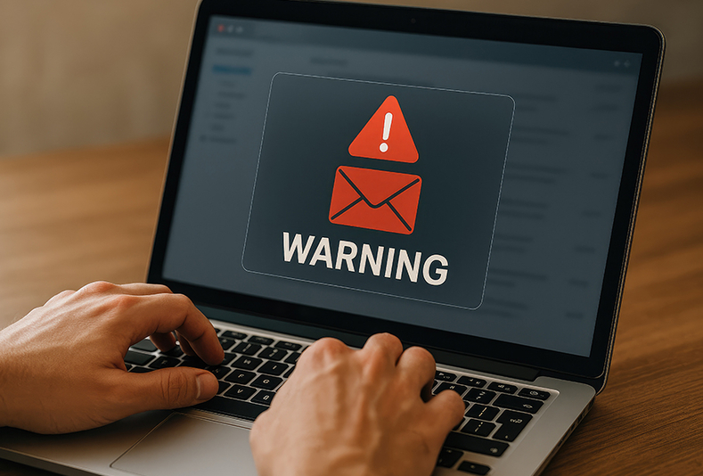 Schermo di un computer con simbolo di "allerta"