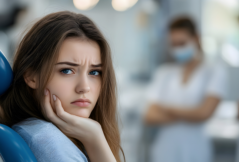 ragazza seduta su riunito odontoiatrico