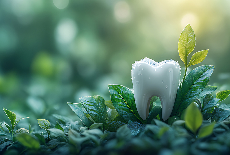Primo piano di un dente sopra le foglie 