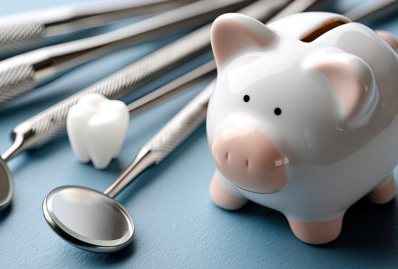 salvadanaio con strumenti da studio dentistico e modellino di dente