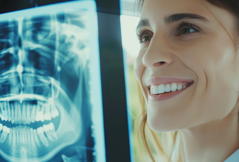 Donna che sorride di fronte a radiografia