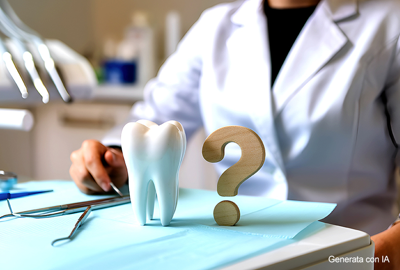 primo piano di mani di un medico con modellino di dente e punto interrogativo