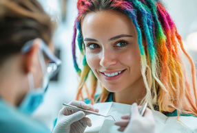 Ragazza con capelli colorati dal dentista