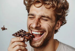 uomo che morde tavoletta di cioccolato