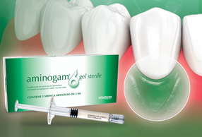 confezione e siringa di aminogam 6 gel sterile con l'illustrazione della sua azione sulle gengive
