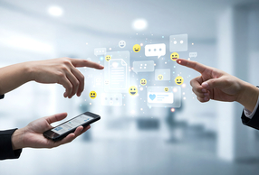 due mani toccano con le dita elementi digitali