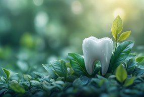 Primo piano di un dente sopra le foglie 