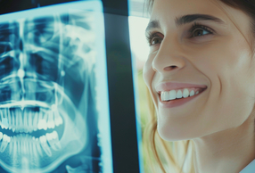 Donna che sorride di fronte a radiografia
