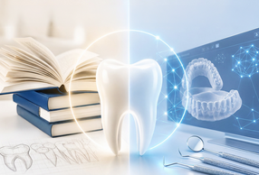 Dente con libro e modello 3D su monitor di un computer