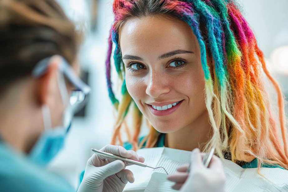 Ragazza con capelli colorati dal dentista