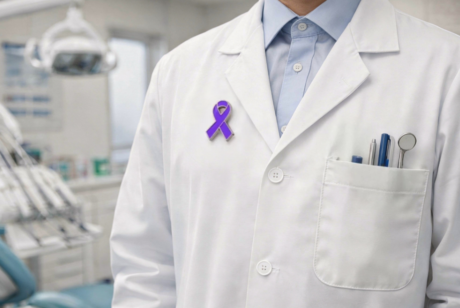 Dal sorriso alla vita: l'odontoiatria nella lotta contro il cancro camice di medico in studio dentistico con focus sulla spilla con il fiocco viola simbolo della lotta contro il cancro