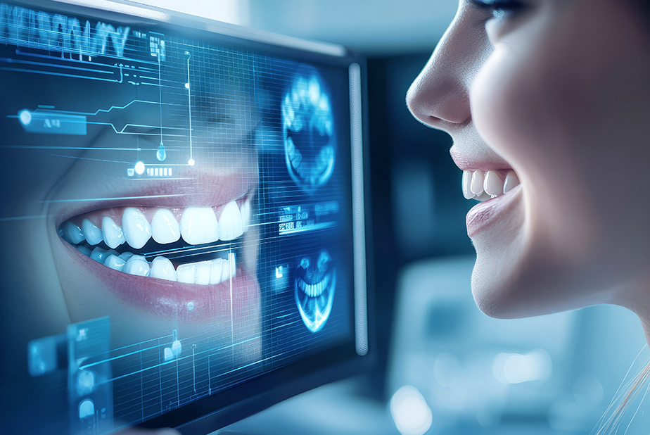 Primo piano del sorriso di una donna riflesso in uno schermo 