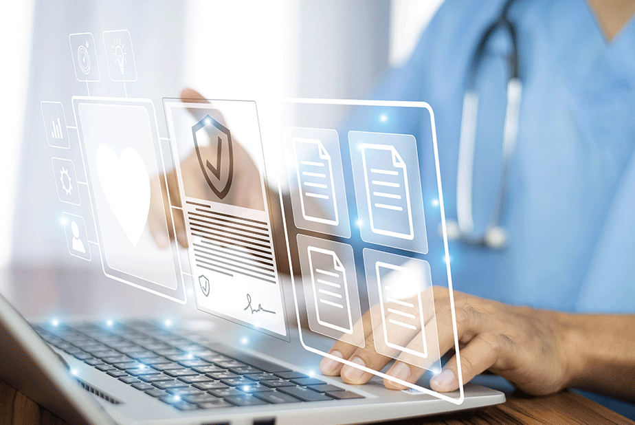 mano di medico con ologramma dashboard