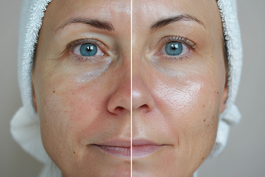 Donna prima e dopo trattamento peeling sul volto