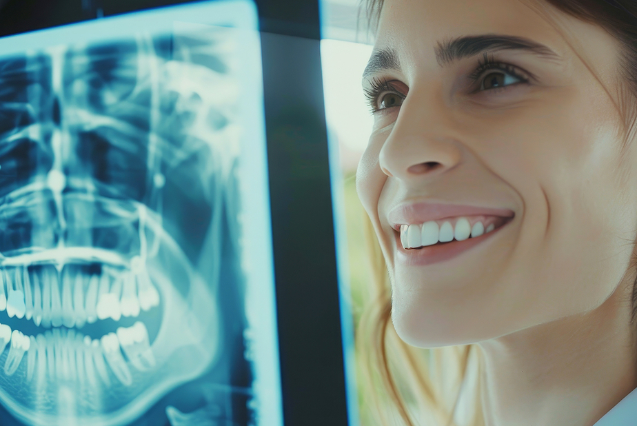 Donna che sorride di fronte a radiografia