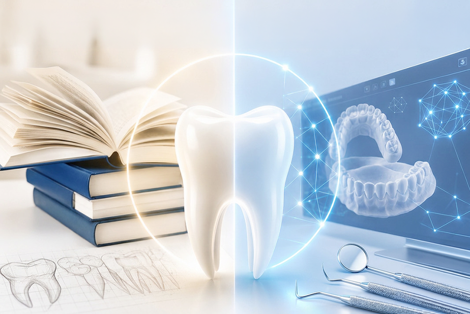 L'innovazione non si ferma al prodotto. La formazione come parte integrante della qualità del prodotto Dente con libro e modello 3D su monitor di un computer