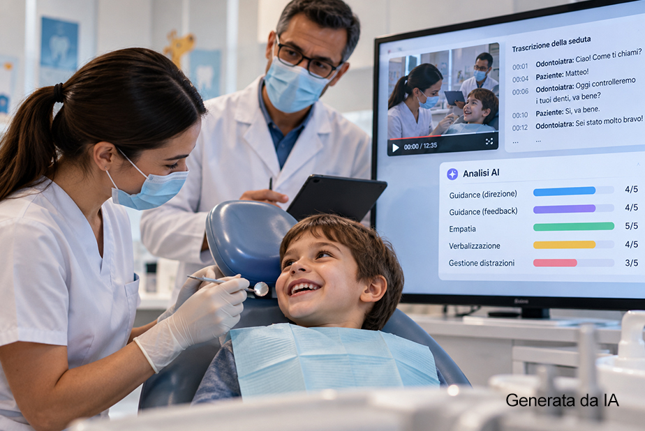 AI e formazione odontoiatrica: i modelli linguistici possono valutare le interazioni cliniche? Medici con paziente pediatrico su riunito