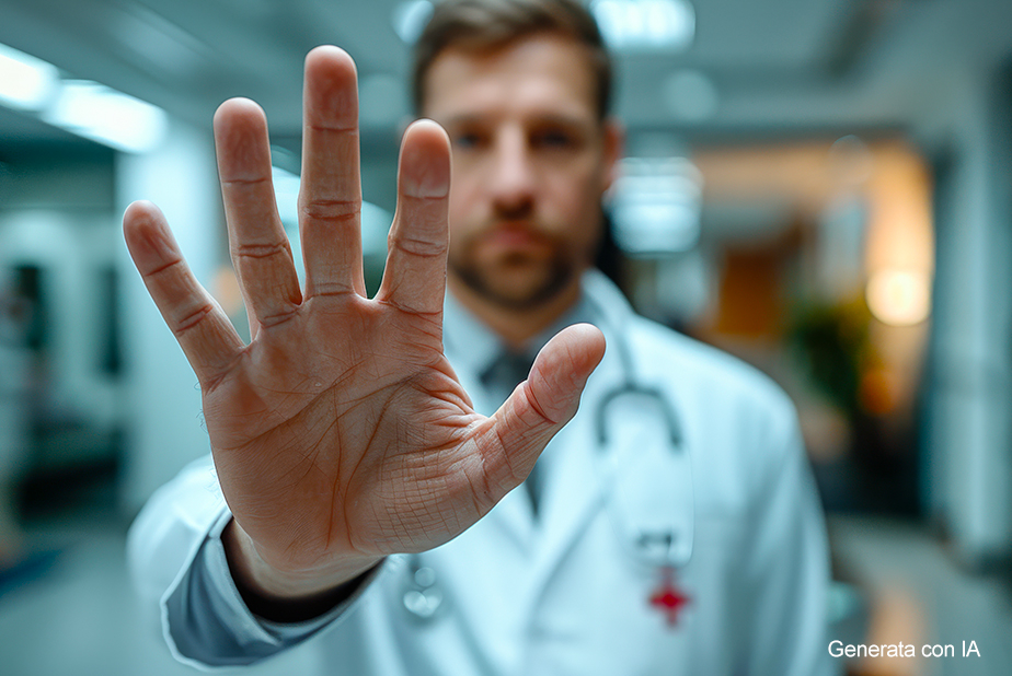 Violenza sui sanitari, FNOMCeO: "Proteggere chi cura significa difendere il diritto alla salute" Medico con mano aperta in primo piano