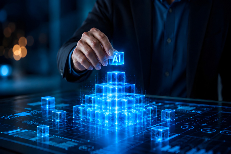 L'AI funziona se il gestionale labora bene cubi digitali con AI e mano che li posiziona come piramide